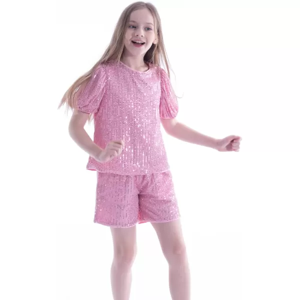 WELAKEN Girls 2 Piece Sequin Summer Outfits Kid Toddler Puff Sleeves Top and Shorts Set with PocketsPink