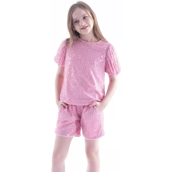 WELAKEN Girls 2 Piece Sequin Summer Outfits Kid Toddler Puff Sleeves Top and Shorts Set with PocketsPink