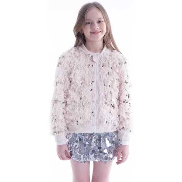WELAKEN Girls Faux Feather Sequin Jacket Shiny Long Sleeve Zip Up Coat with Pockets 512YBeige