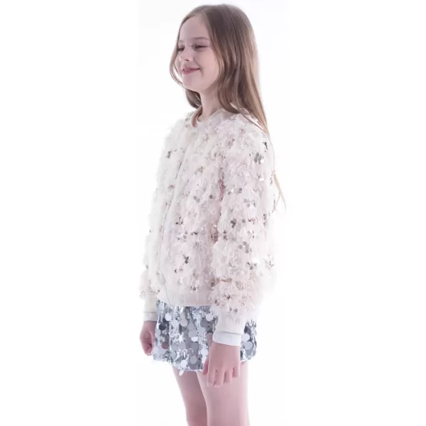 WELAKEN Girls Faux Feather Sequin Jacket Shiny Long Sleeve Zip Up Coat with Pockets 512YBeige