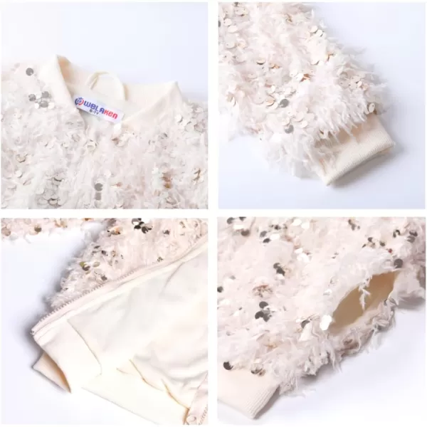 WELAKEN Girls Faux Feather Sequin Jacket Shiny Long Sleeve Zip Up Coat with Pockets 512YBeige