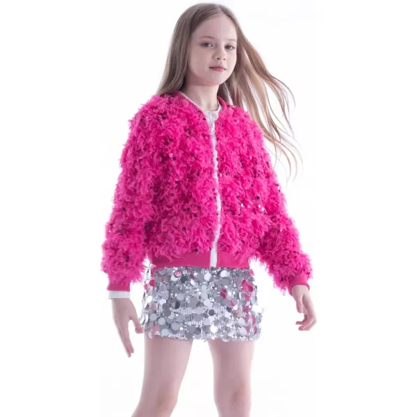 WELAKEN Girls Faux Feather Sequin Jacket Shiny Long Sleeve Zip Up Coat with Pockets 512YHot Pink
