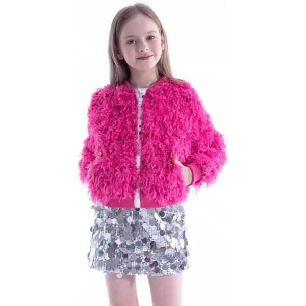 WELAKEN Girls Faux Feather Sequin Jacket Shiny Long Sleeve Zip Up Coat with Pockets 512YHot Pink