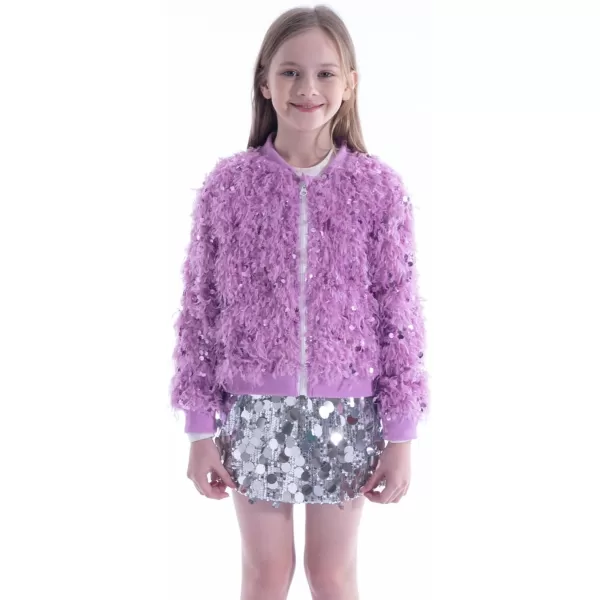 WELAKEN Girls Faux Feather Sequin Jacket Shiny Long Sleeve Zip Up Coat with Pockets 512YPurple