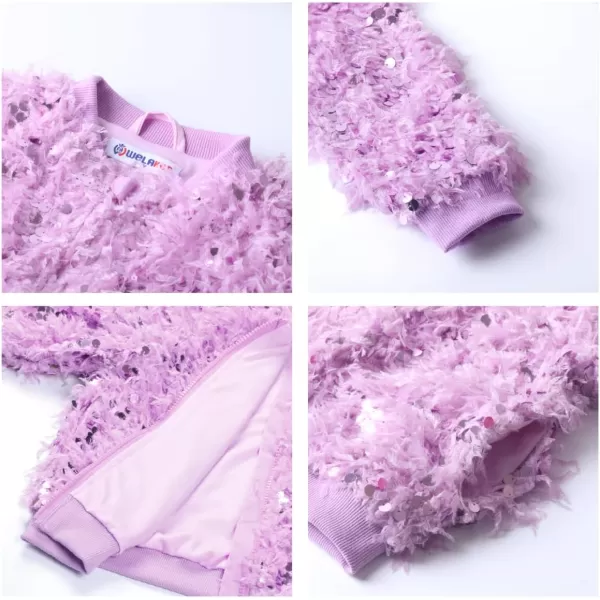 WELAKEN Girls Faux Feather Sequin Jacket Shiny Long Sleeve Zip Up Coat with Pockets 512YPurple