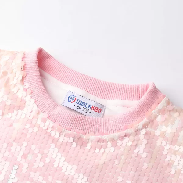 WELAKEN Girls Sequin Sweatshirt Kids Sparkle Crewneck Long Sleeve Casual Pullover TopsCute Rosy Shades