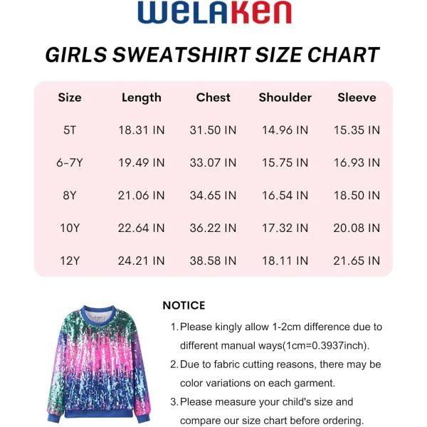 WELAKEN Girls Sequin Sweatshirt Kids Sparkle Crewneck Long Sleeve Casual Pullover TopsTss Radiant Blue