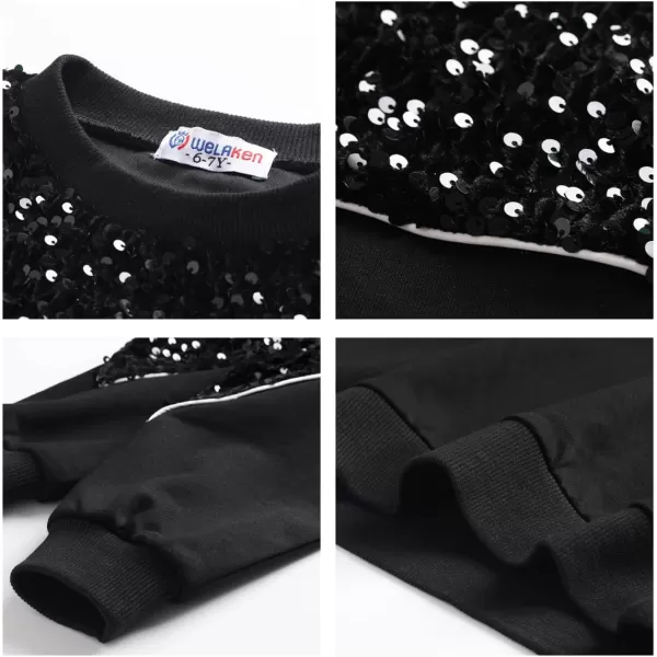 WELAKEN Girls Sequin Sweatshirt Sparkling Long Sleeve Crewneck Pullover TopsBlack sequins