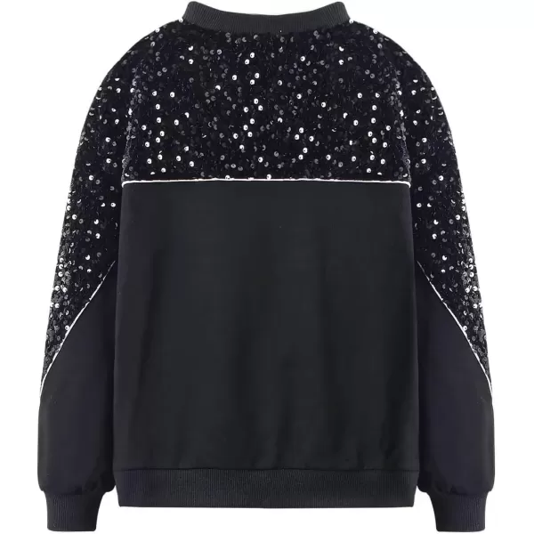 WELAKEN Girls Sequin Sweatshirt Sparkling Long Sleeve Crewneck Pullover TopsBlack sequins