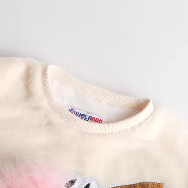 WELAKEN Girls Unicorn Fleece Sweatshirt Warm Long Sleeve Sherpa Crewneck Pullover SweatshirtsBeige