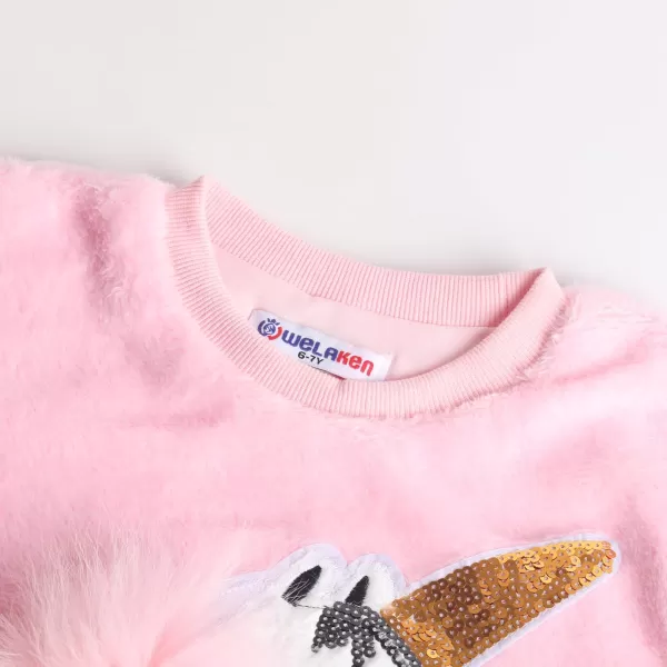 WELAKEN Girls Unicorn Fleece Sweatshirt Warm Long Sleeve Sherpa Crewneck Pullover SweatshirtsPink