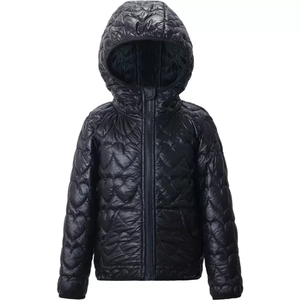 WELAKEN Lightweight Heart Quilted Cotton Puffer Jacket for Girls ampamp Kids Zip Up Hooded Coat with Kangaroo PocketBlack heart