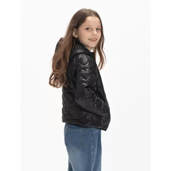 WELAKEN Lightweight Heart Quilted Cotton Puffer Jacket for Girls ampamp Kids Zip Up Hooded Coat with Kangaroo PocketBlack heart