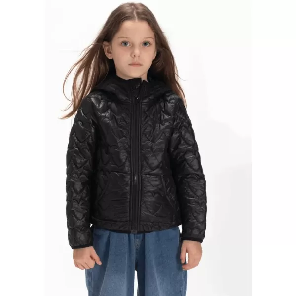 WELAKEN Lightweight Heart Quilted Cotton Puffer Jacket for Girls ampamp Kids Zip Up Hooded Coat with Kangaroo PocketBlack heart