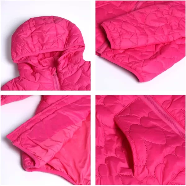 WELAKEN Lightweight Heart Quilted Cotton Puffer Jacket for Girls ampamp Kids Zip Up Hooded Coat with Kangaroo PocketHot Pink