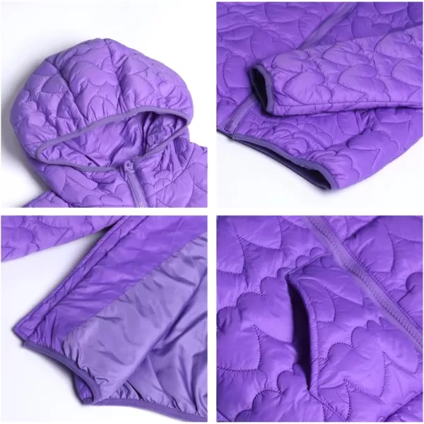 WELAKEN Lightweight Heart Quilted Cotton Puffer Jacket for Girls ampamp Kids Zip Up Hooded Coat with Kangaroo PocketPurple