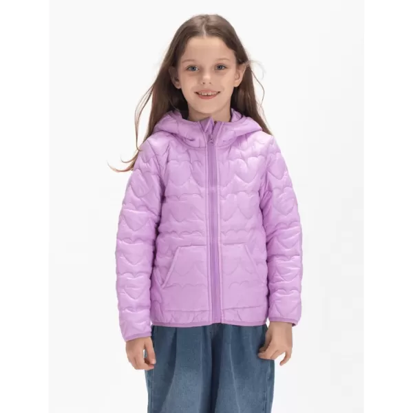 WELAKEN Lightweight Heart Quilted Cotton Puffer Jacket for Girls ampamp Kids Zip Up Hooded Coat with Kangaroo PocketPurple heart