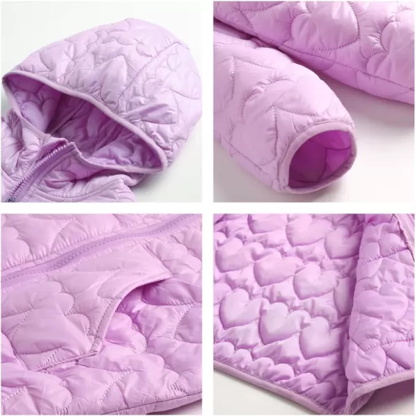 WELAKEN Lightweight Heart Quilted Cotton Puffer Jacket for Girls ampamp Kids Zip Up Hooded Coat with Kangaroo PocketPurple heart