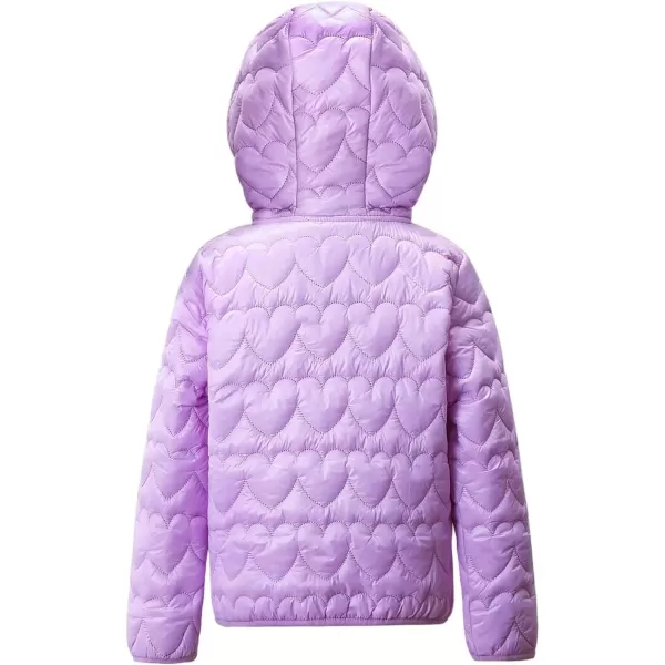 WELAKEN Lightweight Heart Quilted Cotton Puffer Jacket for Girls ampamp Kids Zip Up Hooded Coat with Kangaroo PocketPurple heart