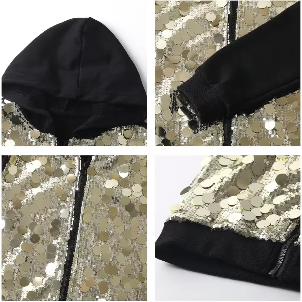 WELAKEN Sequin Hooded Jacket for Girls Kids Full Zip Casual Outerwear JacketGold