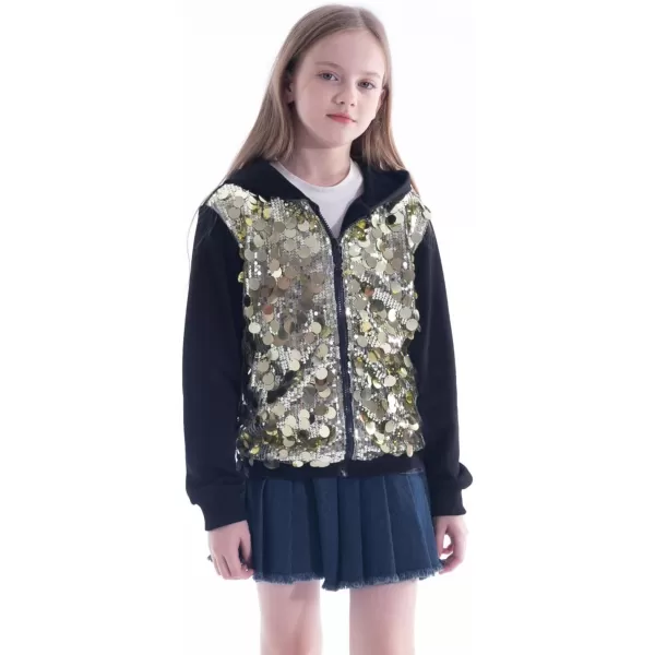 WELAKEN Sequin Hooded Jacket for Girls Kids Full Zip Casual Outerwear JacketGold