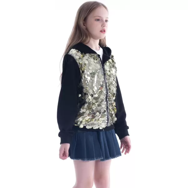 WELAKEN Sequin Hooded Jacket for Girls Kids Full Zip Casual Outerwear JacketGold