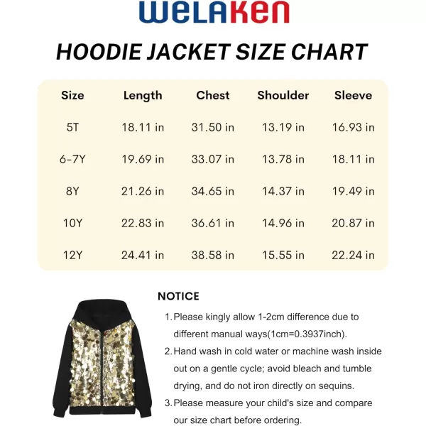 WELAKEN Sequin Hooded Jacket for Girls Kids Full Zip Casual Outerwear JacketGold