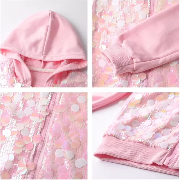 WELAKEN Sequin Hooded Jacket for Girls Kids Full Zip Casual Outerwear JacketPink