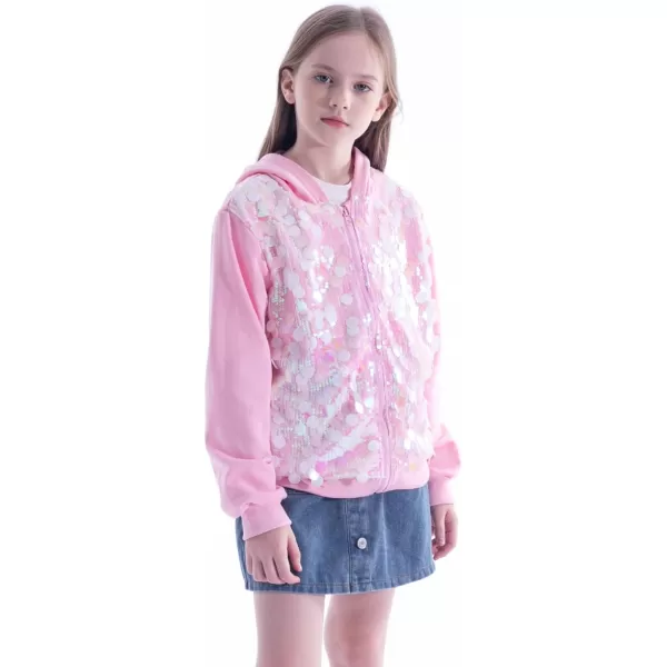 WELAKEN Sequin Hooded Jacket for Girls Kids Full Zip Casual Outerwear JacketPink