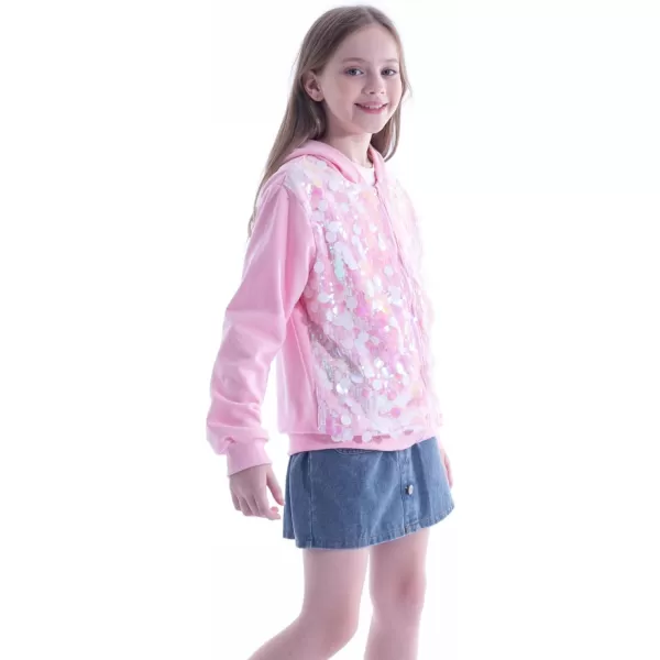 WELAKEN Sequin Hooded Jacket for Girls Kids Full Zip Casual Outerwear JacketPink