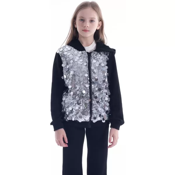 WELAKEN Sequin Hooded Jacket for Girls Kids Full Zip Casual Outerwear JacketSilver
