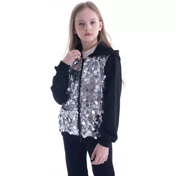 WELAKEN Sequin Hooded Jacket for Girls Kids Full Zip Casual Outerwear JacketSilver
