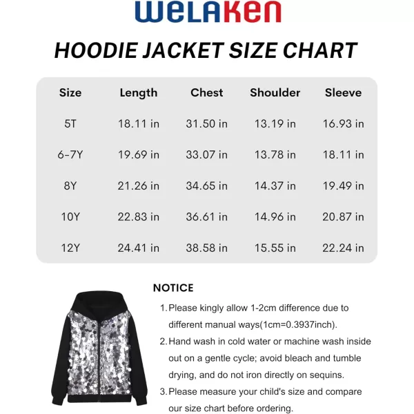 WELAKEN Sequin Hooded Jacket for Girls Kids Full Zip Casual Outerwear JacketSilver