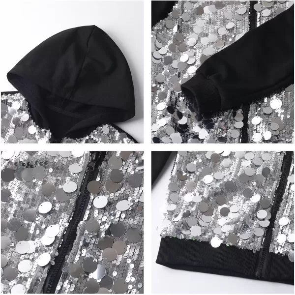 WELAKEN Sequin Hooded Jacket for Girls Kids Full Zip Casual Outerwear JacketSilver