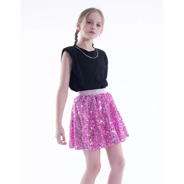 WELAKEN Sequin Skirt for Girls Kids Elastic Waist ALine Sparlky Mini Skirt with LiningPink