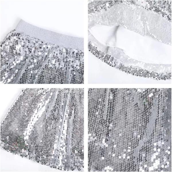 WELAKEN Sequin Skirt for Girls Kids Elastic Waist ALine Sparlky Mini Skirt with LiningSilver