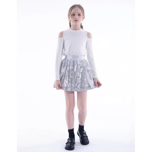 WELAKEN Sequin Skirt for Girls Kids Elastic Waist ALine Sparlky Mini Skirt with LiningSilver