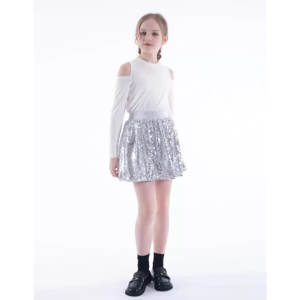WELAKEN Sequin Skirt for Girls Kids Elastic Waist ALine Sparlky Mini Skirt with LiningSilver