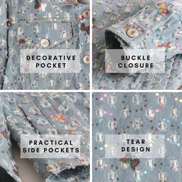 WELAKEN Unicorn Jean Jacket for Girls Kids ampamp Toddler with Sparkly Sleeve Girls Spring Outfit Denim Jackets OuterwearBlue butterfly