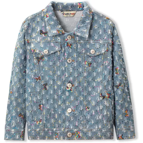 WELAKEN Unicorn Jean Jacket for Girls Kids ampamp Toddler with Sparkly Sleeve Girls Spring Outfit Denim Jackets OuterwearBlue butterfly