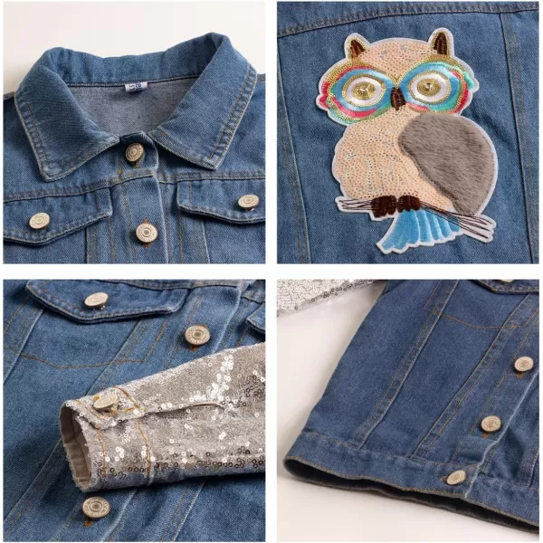 WELAKEN Unicorn Jean Jacket for Girls Kids ampamp Toddler with Sparkly Sleeve Girls Spring Outfit Denim Jackets OuterwearBlue owl