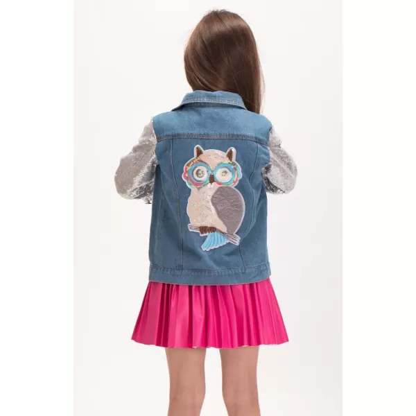 WELAKEN Unicorn Jean Jacket for Girls Kids ampamp Toddler with Sparkly Sleeve Girls Spring Outfit Denim Jackets OuterwearBlue owl