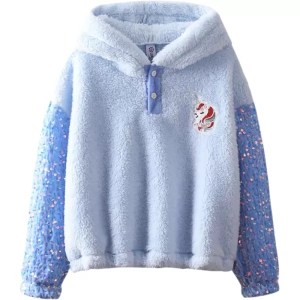 Girls ButtonDetail Fuzzy Sherpa Fleece Hoodie with Unicorn Patch ampamp Sequin Sleeves  Cozy ampamp Warm Kids PulloverBlue patchwork