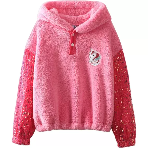Girls ButtonDetail Fuzzy Sherpa Fleece Hoodie with Unicorn Patch ampamp Sequin Sleeves  Cozy ampamp Warm Kids PulloverHot Pink patchwork
