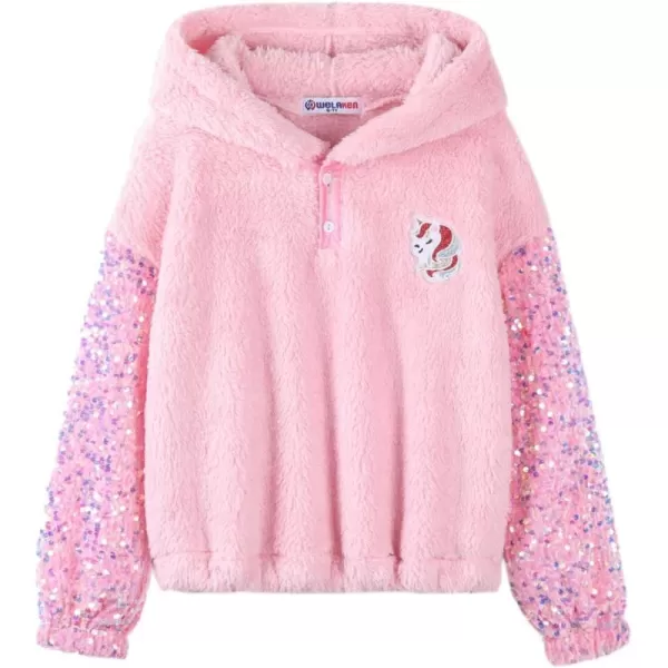 Girls ButtonDetail Fuzzy Sherpa Fleece Hoodie with Unicorn Patch ampamp Sequin Sleeves  Cozy ampamp Warm Kids PulloverPink patchwork