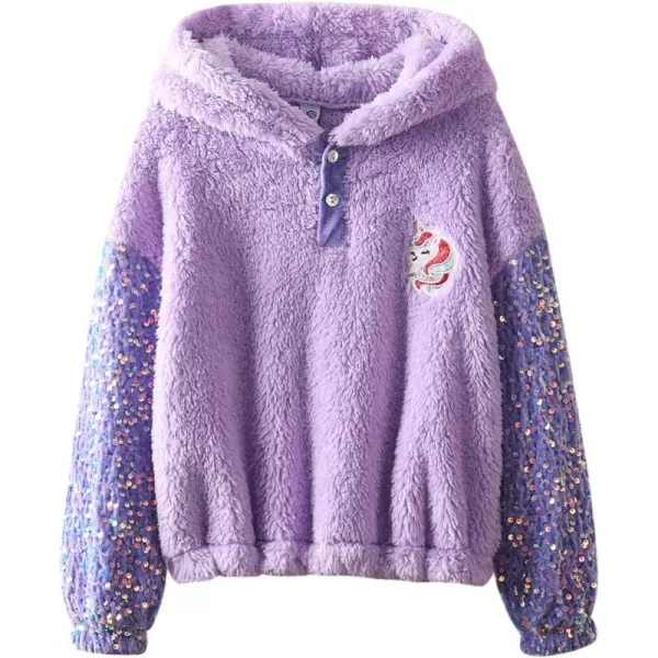 Girls ButtonDetail Fuzzy Sherpa Fleece Hoodie with Unicorn Patch ampamp Sequin Sleeves  Cozy ampamp Warm Kids PulloverPurple patchwork