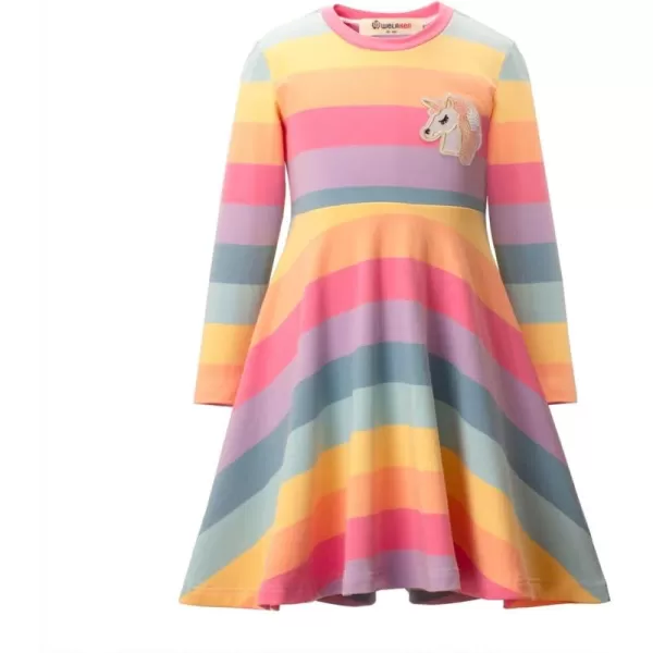 WELAKEN Cotton Sequins Unicorn Rainbow Stripes Dress for Girls Toddler ampamp Kids II Little Girls Long Sleeve Casual DressesRainbow