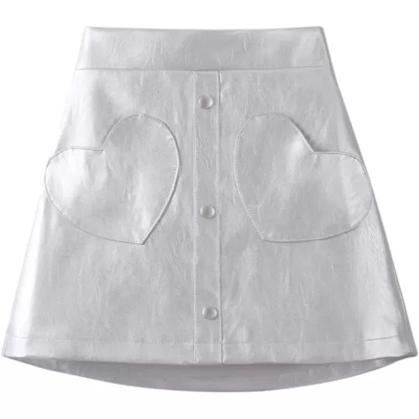 WELAKEN Faux Leather Skirt for Girls Toddler ampamp Kids ampamp Teens II Girls A Line Skirt with Two Front PocketsHeart silver