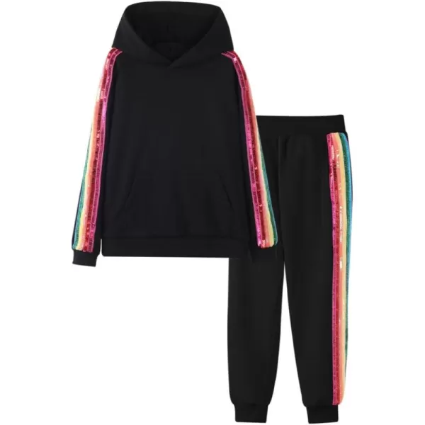 WELAKEN Girls 2 Piece Outfit Rainbow Sequin Striped Sweatshirt ampamp Sweatpants Clothing SetBlack