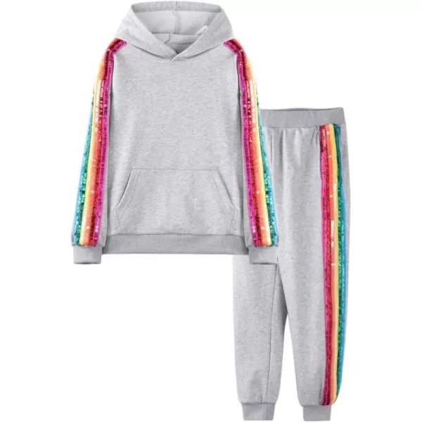 WELAKEN Girls 2 Piece Outfit Rainbow Sequin Striped Sweatshirt ampamp Sweatpants Clothing SetGrey